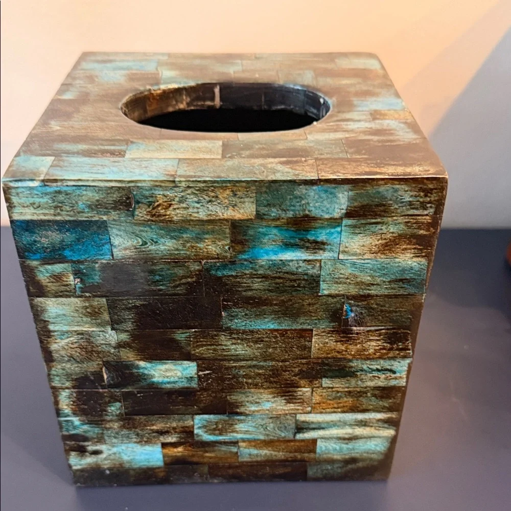 Inlaid Bone Blue and Brown Tissue Box Cover